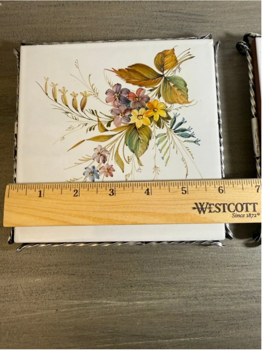 Vtg Italian Ceramic Tile Trivets 6”x6” Set Hand Painted Floral sig A.Z. Noye MCM
